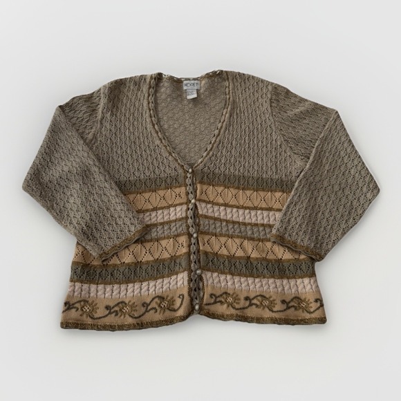 Koret Sweaters - Vintage Koret Cardigan Sweater Women's Medium Earth Tone Open Knit Crochet Style